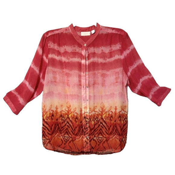 Chico's Top 3(XL) Women's Pink Orange Red Sheer 3/4 Sleeve Blouse Button-Up‎ - Picture 1 of 6